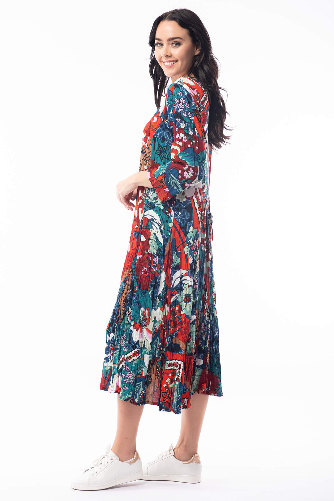 Orientique 2181 Multicolour Godet 34 Sleeve Apollo Print Dress - Shirley Allum Boutique