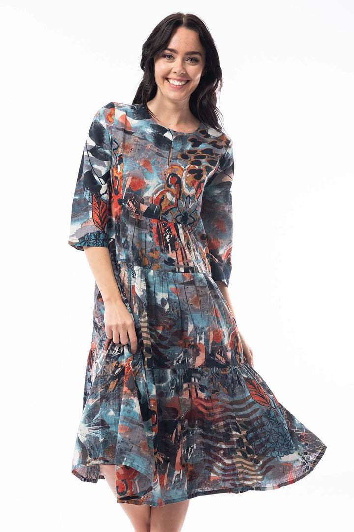 Orientique 2196 Blue Poseidon Print Ruched Midi Dress - Shirley Allum Boutique