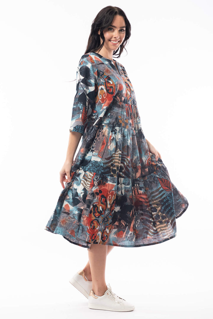 Orientique 2196 Blue Poseidon Print Ruched Midi Dress - Shirley Allum Boutique