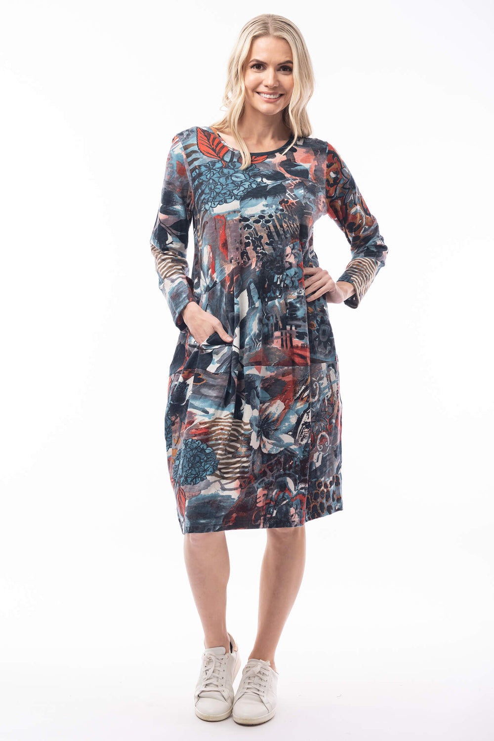 Orientique 2199 Blue Poseidon Print Panel Bubble Dress - Shirley Allum Boutique