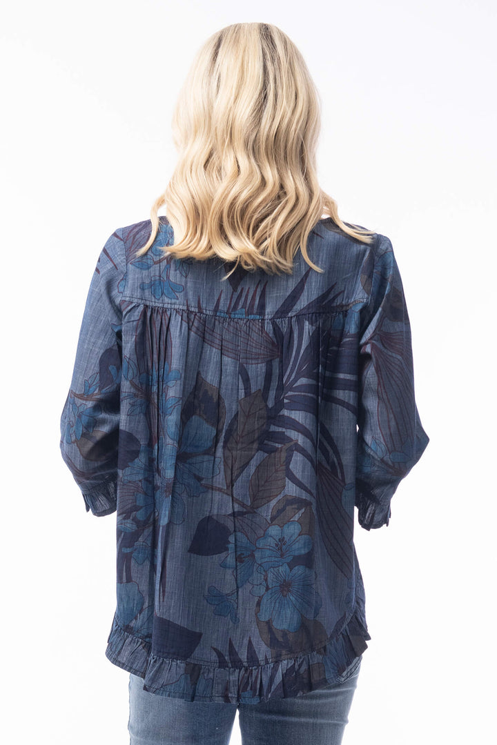 Orientique 2290 Blue Corsica Print Aurora Shirt Tail Top - Shirley Allum Boutique