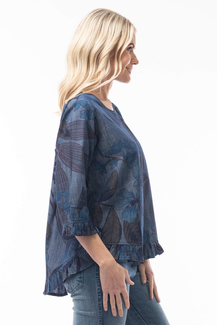 Orientique 2290 Blue Corsica Print Aurora Shirt Tail Top - Shirley Allum Boutique