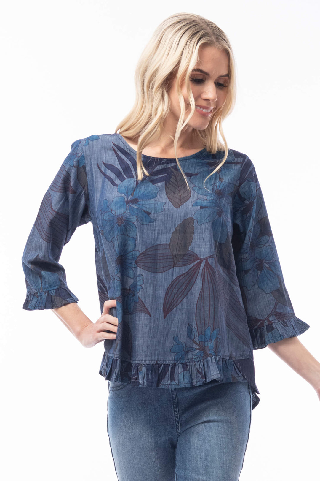 Orientique 2290 Blue Corsica Print Aurora Shirt Tail Top - Shirley Allum Boutique