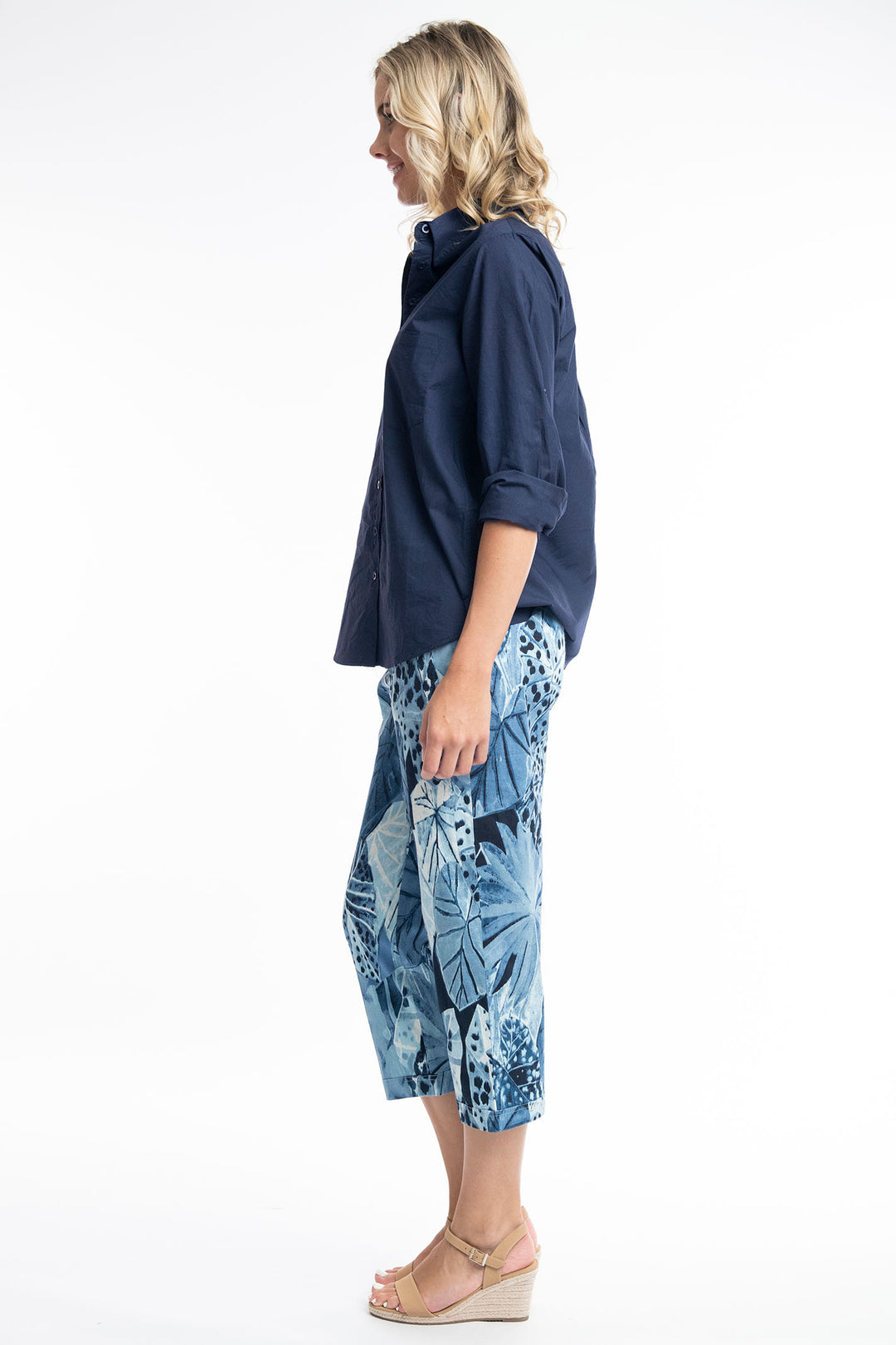 Orientique 2674 Agios Blue Leaf Print Stretch Capri Crop Trouser - Shirley Allum Boutique