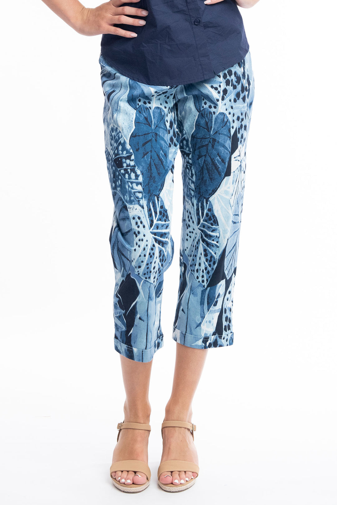 Orientique 2674 Agios Blue Leaf Print Stretch Capri Crop Trouser - Shirley Allum Boutique