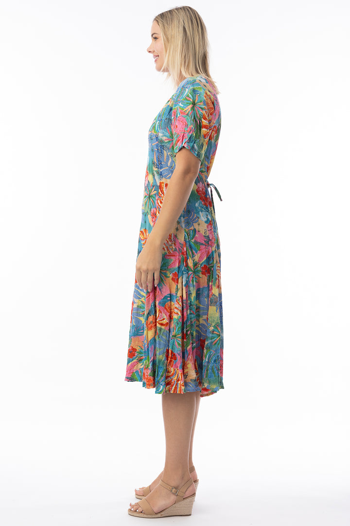 Orientique 30175 Multicolour Malvinas Print Short Sleeve Godet Dress