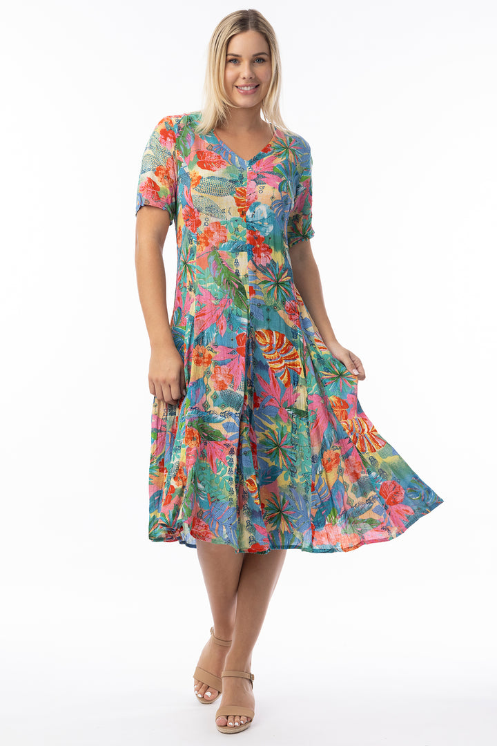 Orientique 30175 Multicolour Malvinas Print Short Sleeve Godet Dress