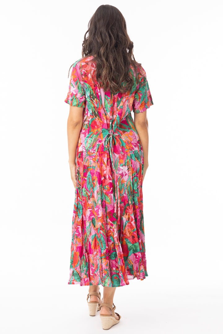 Orientique 30216 Pink Sao Paulo Print Short Sleeve Godet Dress