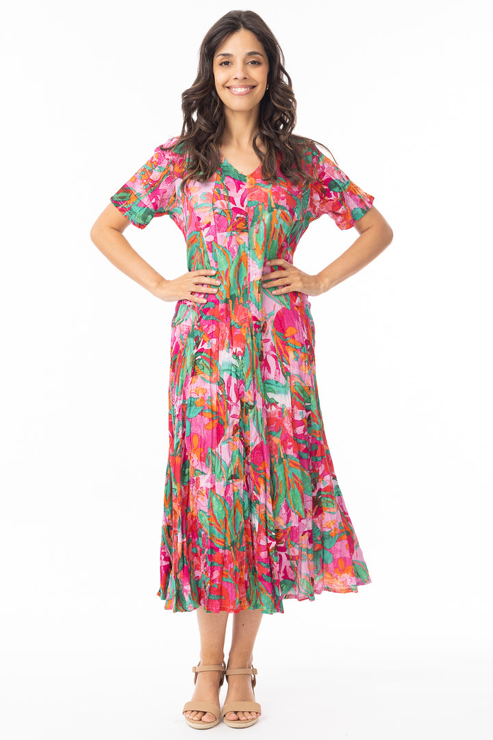 Orientique 30216 Pink Sao Paulo Print Short Sleeve Godet Dress