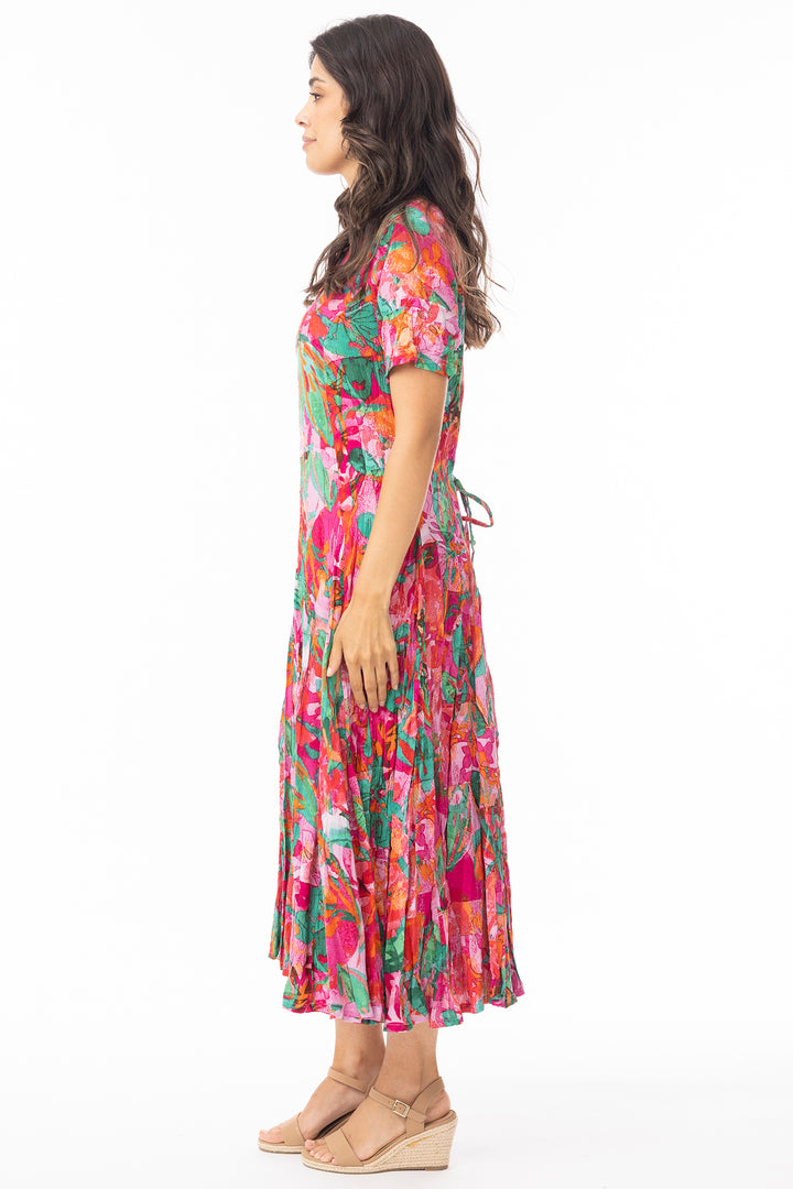 Orientique 30216 Pink Sao Paulo Print Short Sleeve Godet Dress