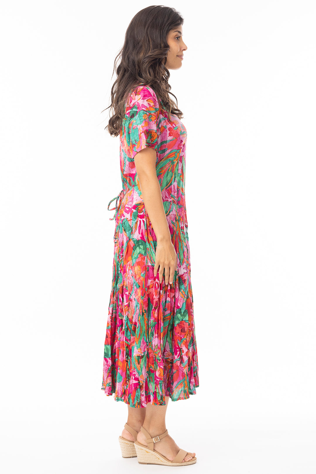 Orientique 30216 Pink Sao Paulo Print Short Sleeve Godet Dress