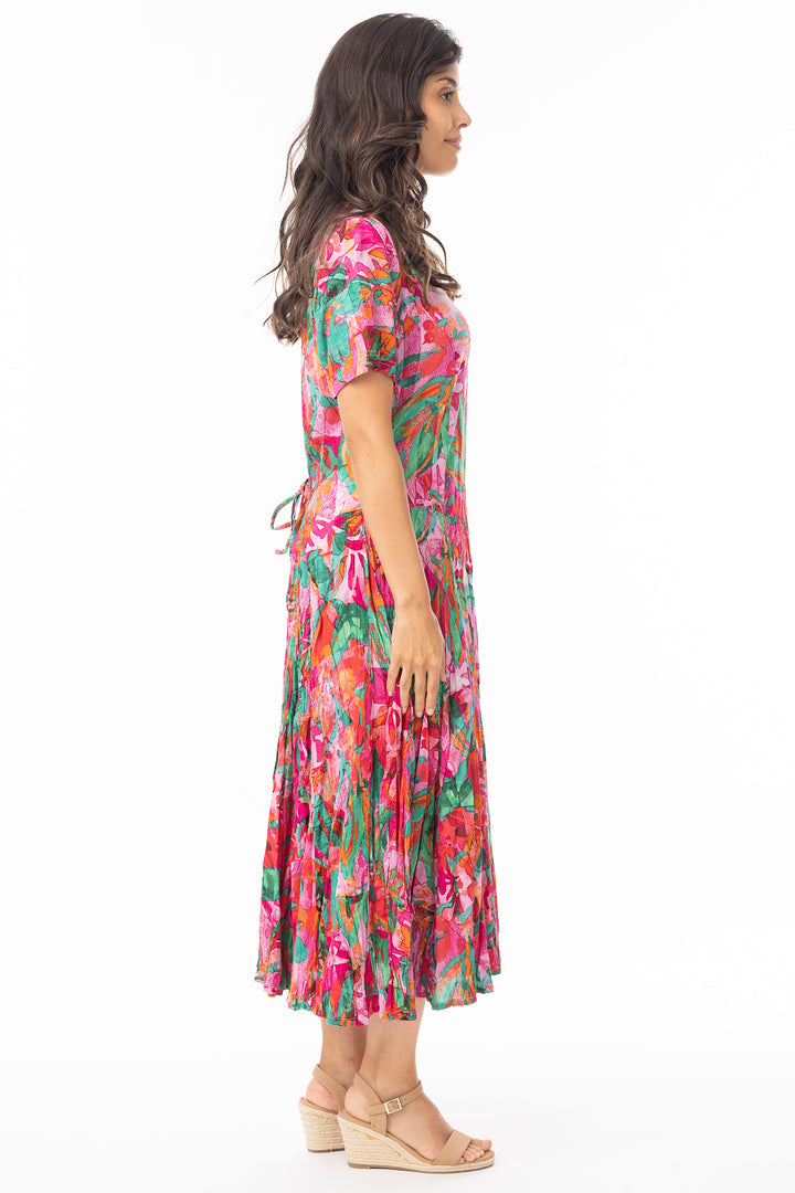 Orientique 30216 Pink Sao Paulo Print Short Sleeve Godet Dress