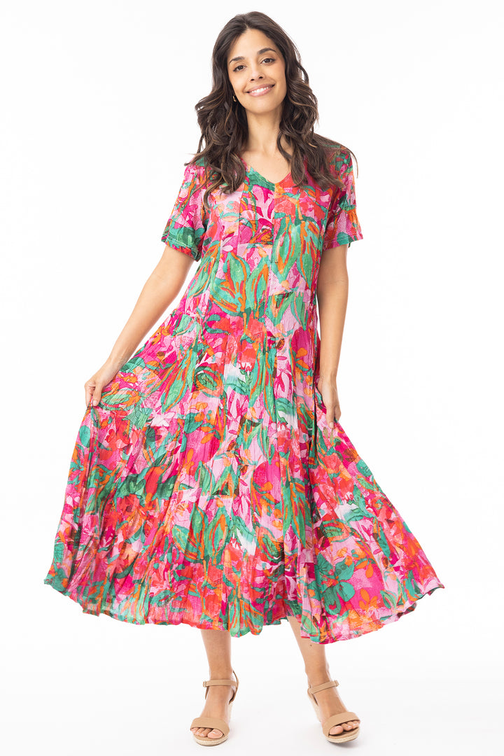 Orientique 30216 Pink Sao Paulo Print Short Sleeve Godet Dress