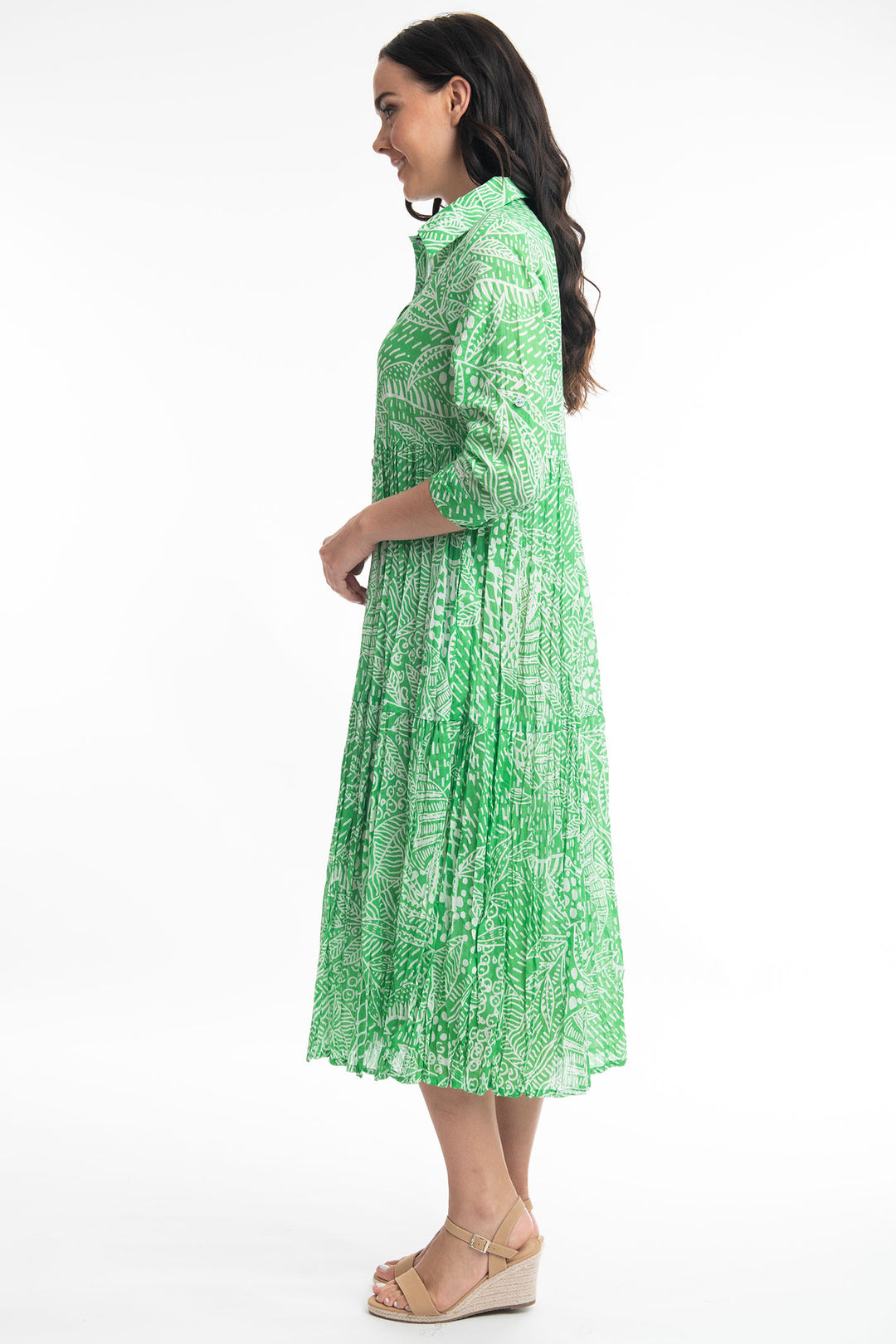 Orientique 41116 Green Leros Print Button Front Shirt Dress - Shirley Allum Boutique