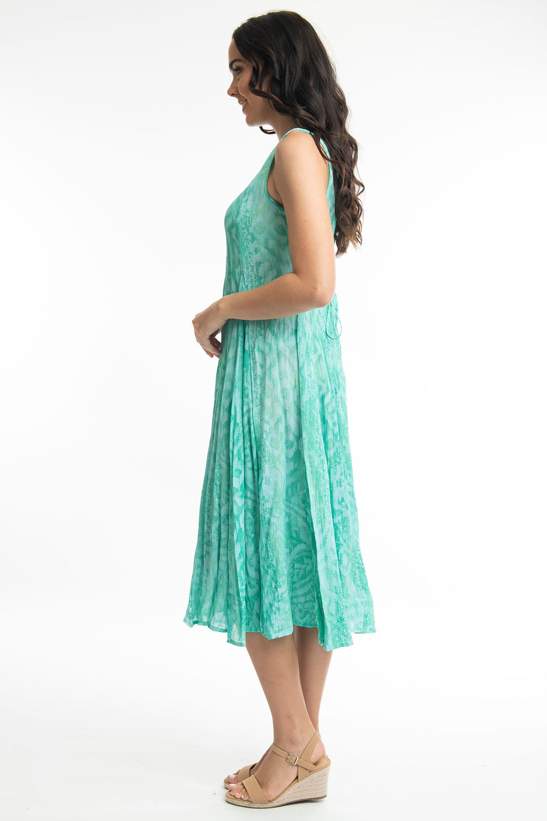 Orientique 4189 Olympus Blue Green Print Back Tie Dress