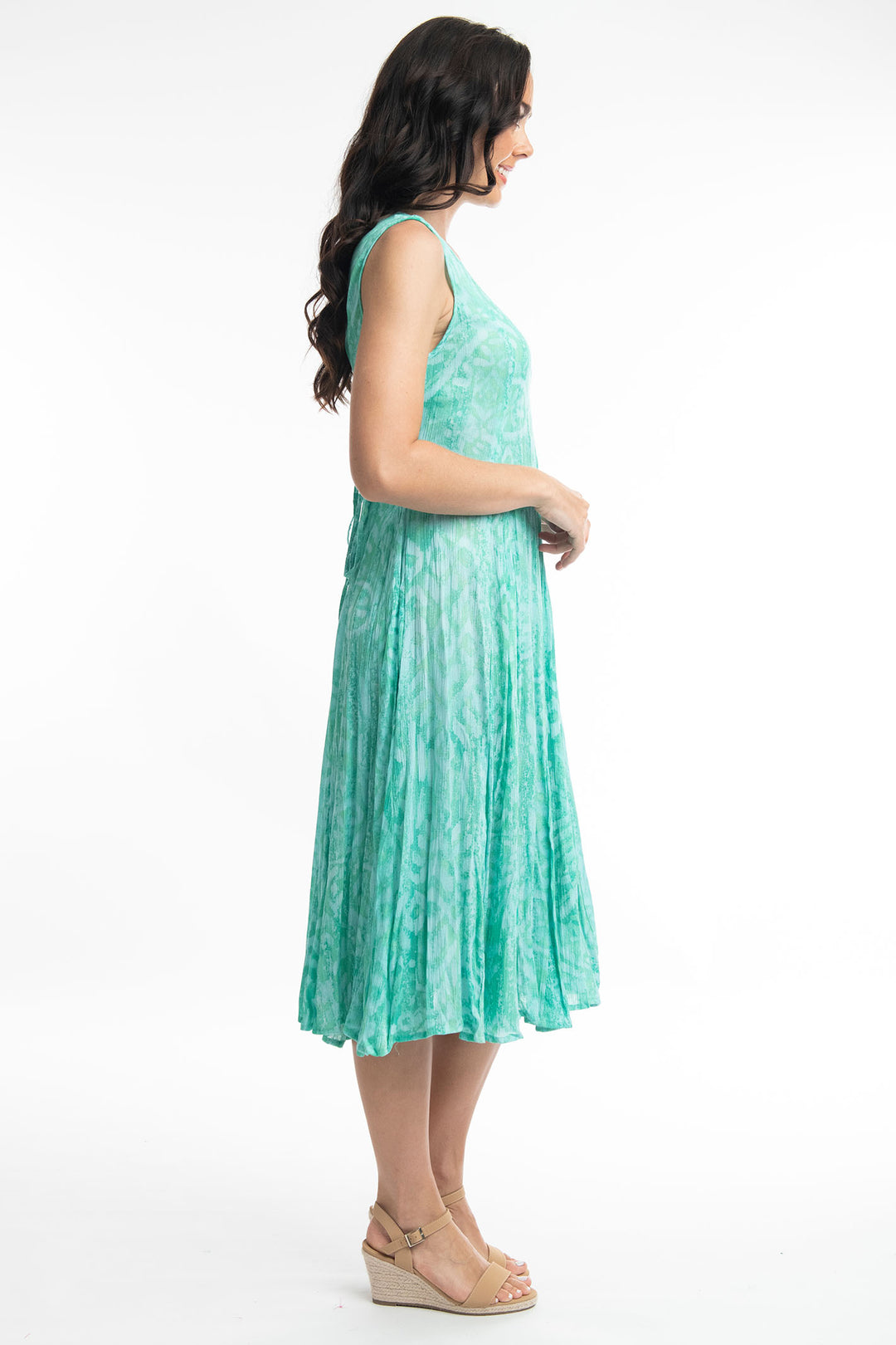 Orientique 4189 Olympus Blue Green Print Back Tie Dress - Shirley Allum Boutique