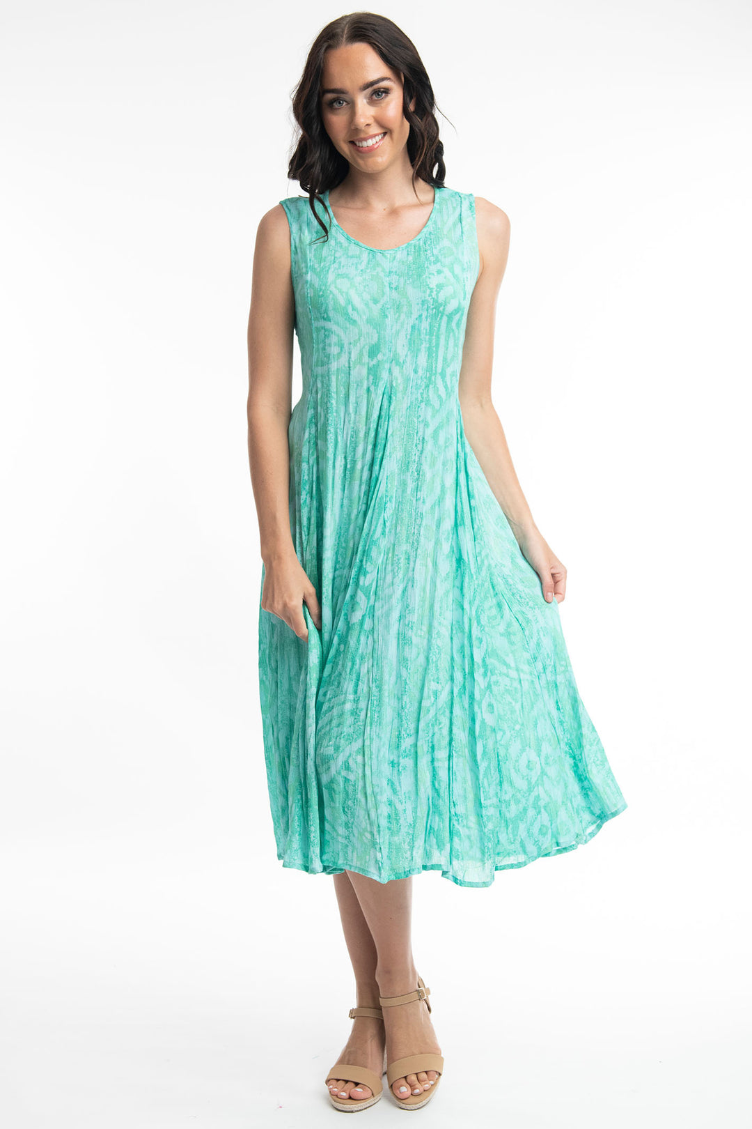 Orientique 4189 Olympus Blue Green Print Back Tie Dress - Shirley Allum Boutique