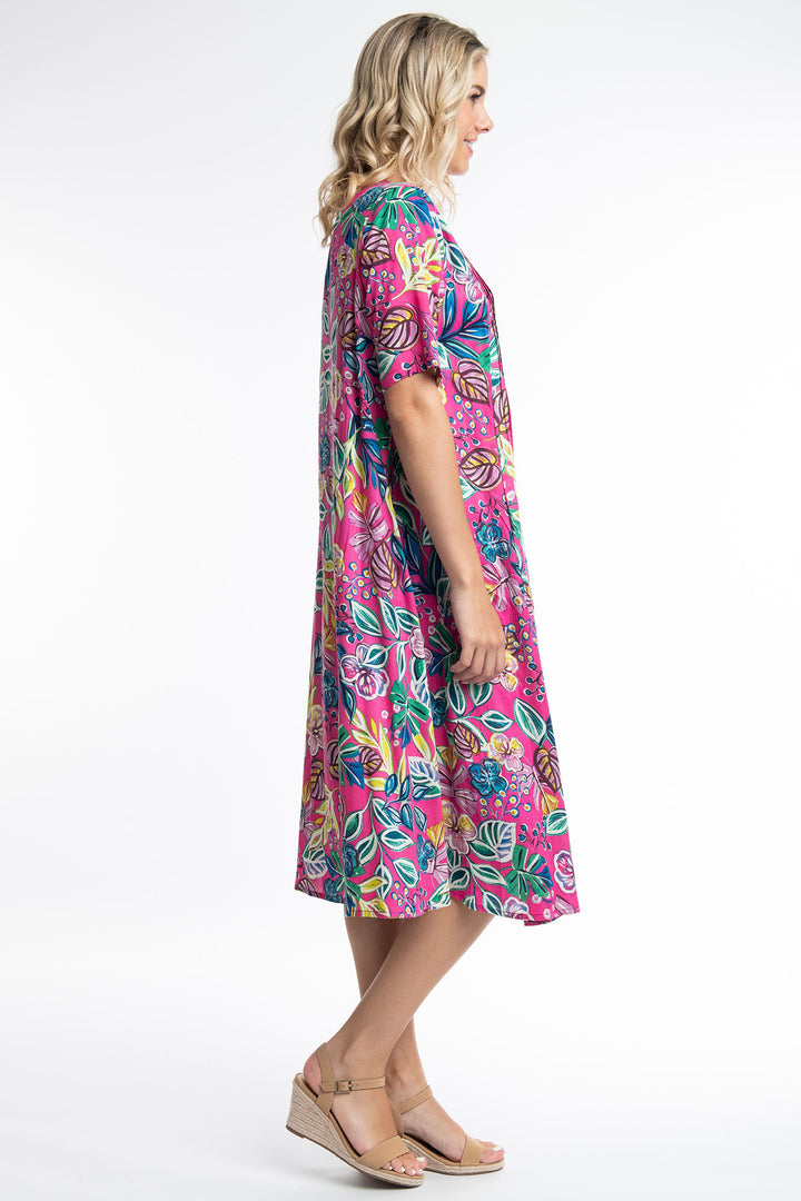 Orientique 81263 Fuchsia Pink Balat Print Pleat Front Dress - Shirley Allum Boutique