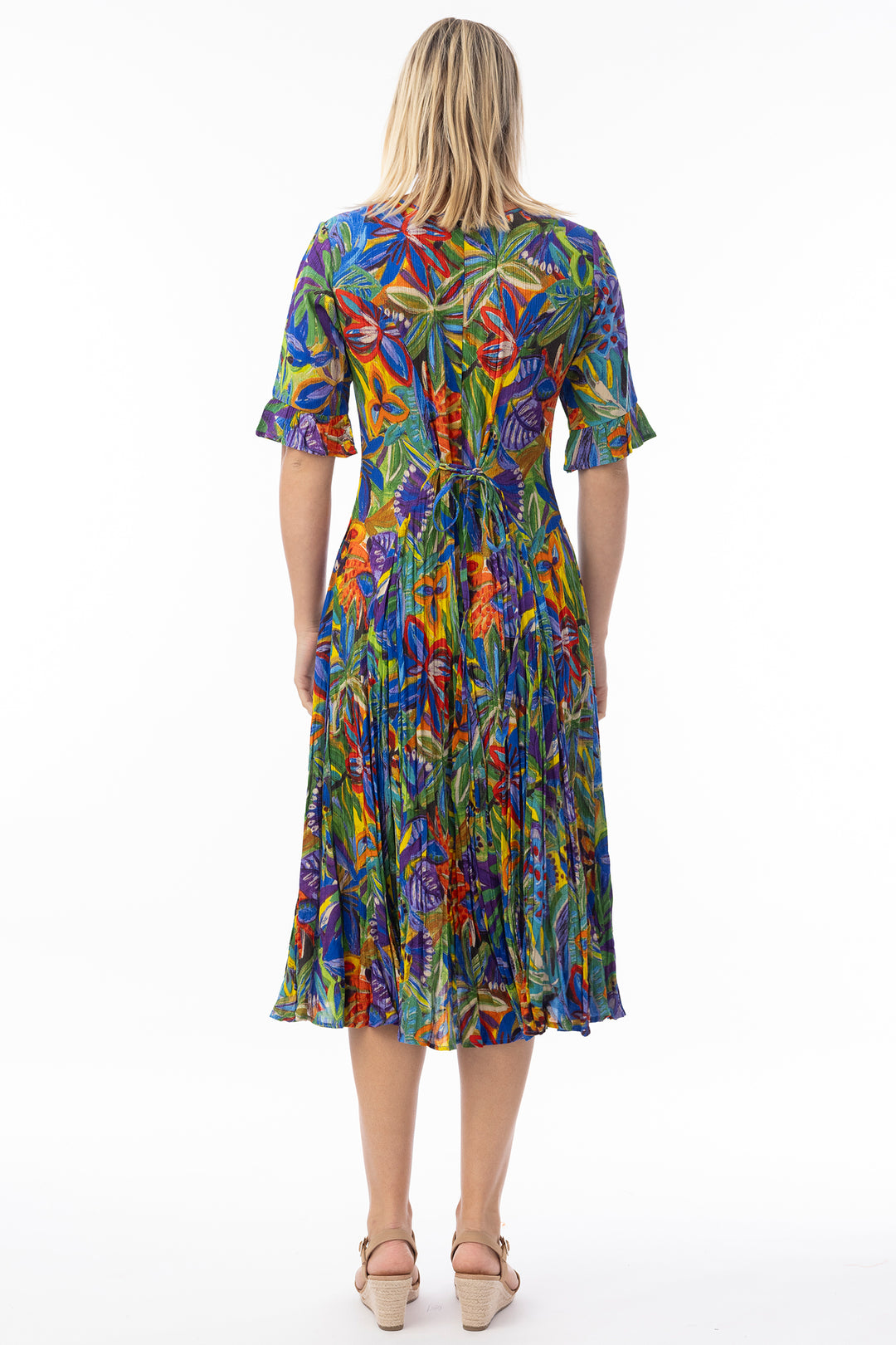 Orientique 81360 Purple Zapallar Print Short Sleeve Godet Dress