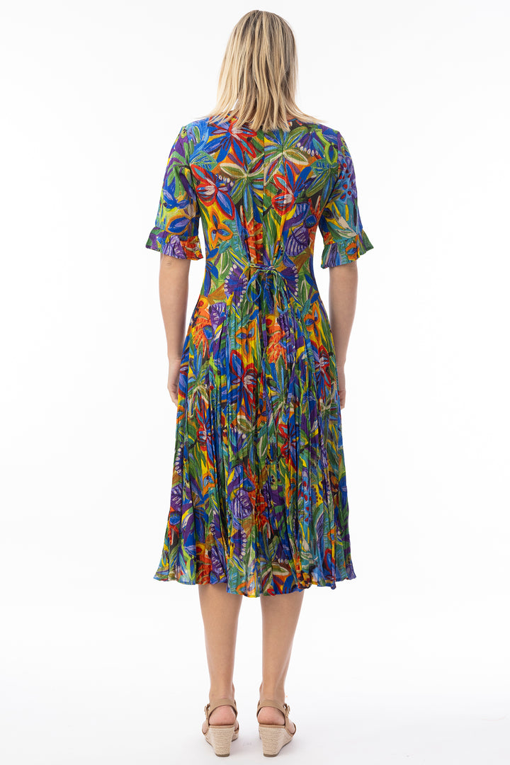 Orientique 81360 Purple Zapallar Print Short Sleeve Godet Dress