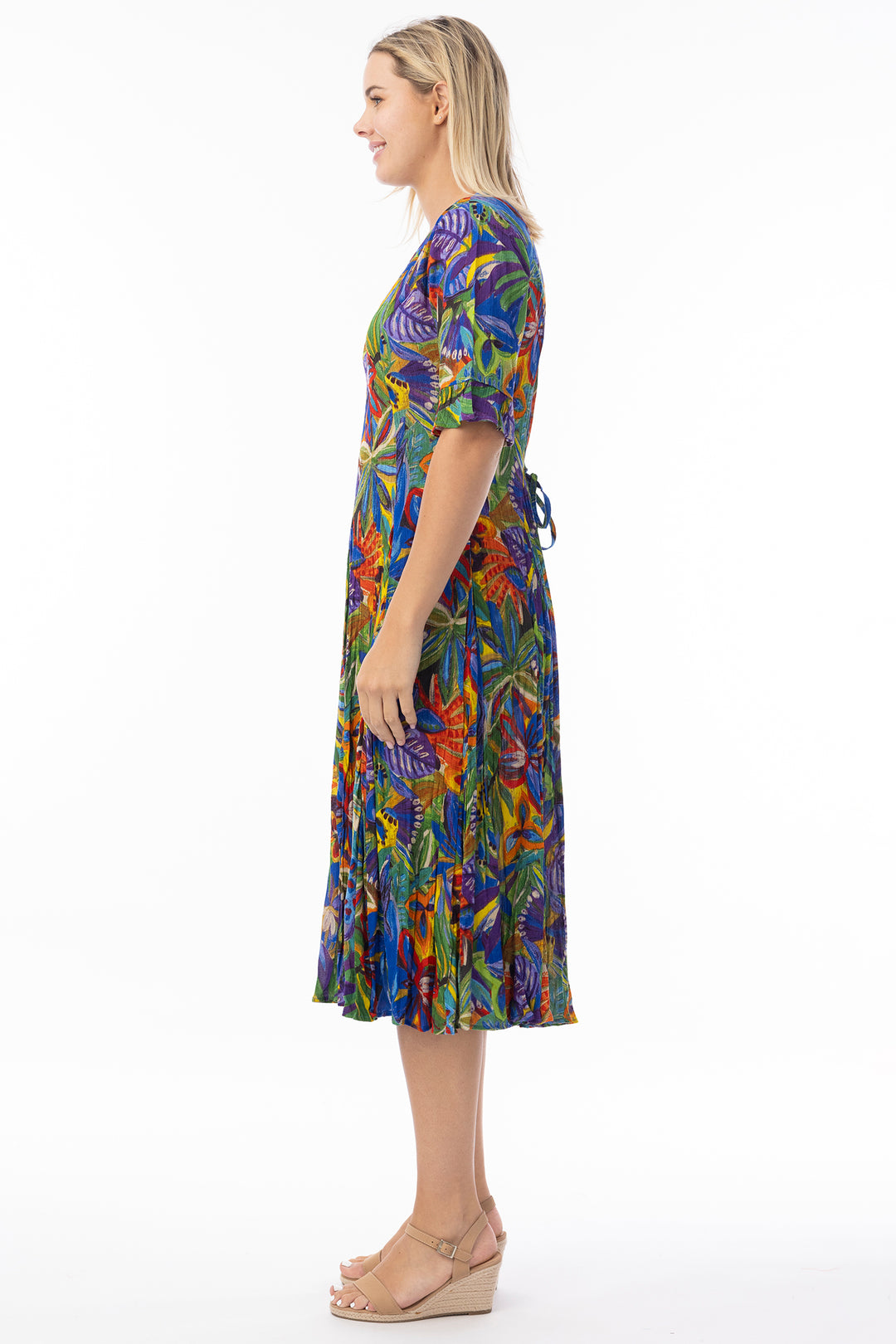 Orientique 81360 Purple Zapallar Print Short Sleeve Godet Dress