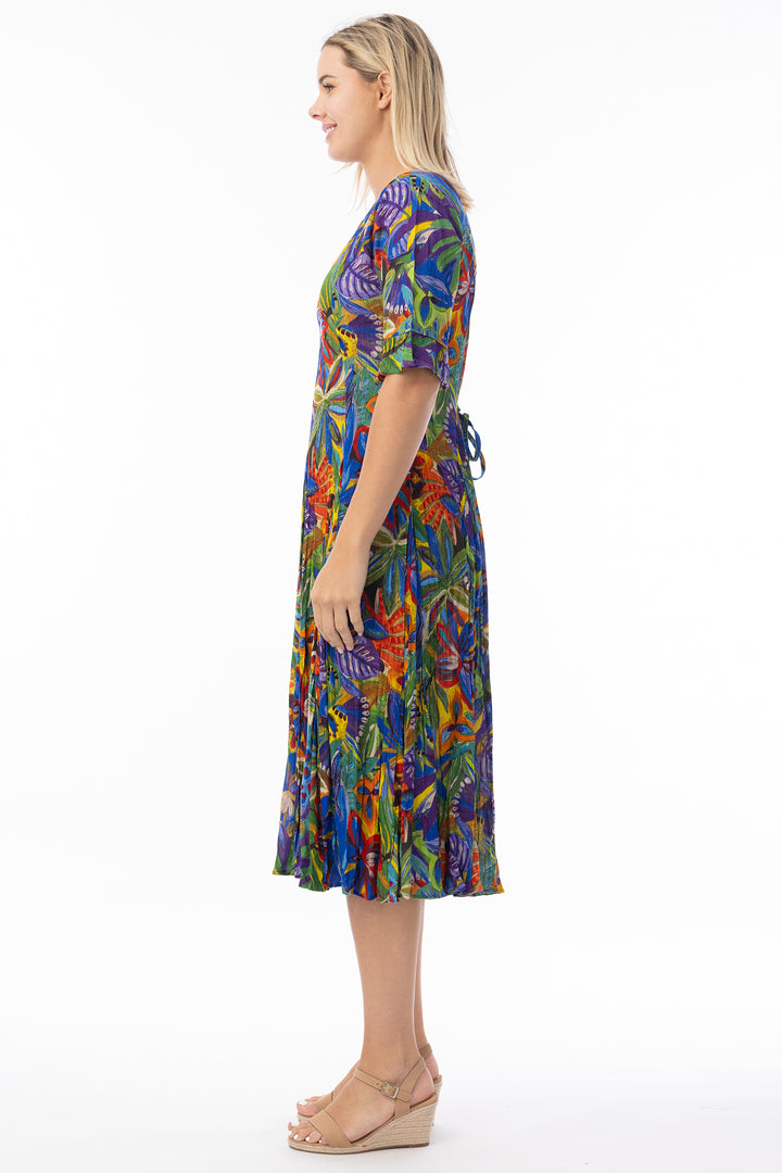 Orientique 81360 Purple Zapallar Print Short Sleeve Godet Dress