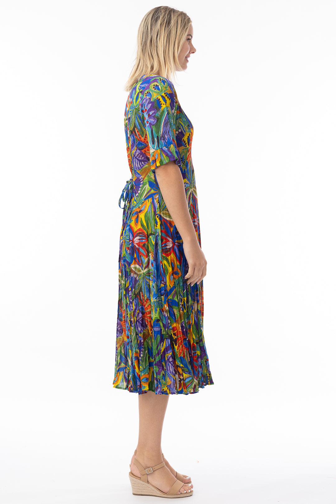 Orientique 81360 Purple Zapallar Print Short Sleeve Godet Dress