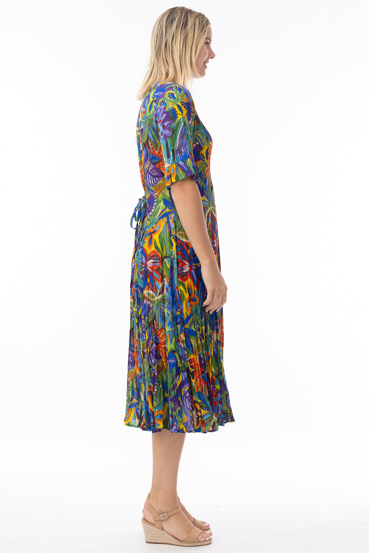 Orientique 81360 Purple Zapallar Print Short Sleeve Godet Dress