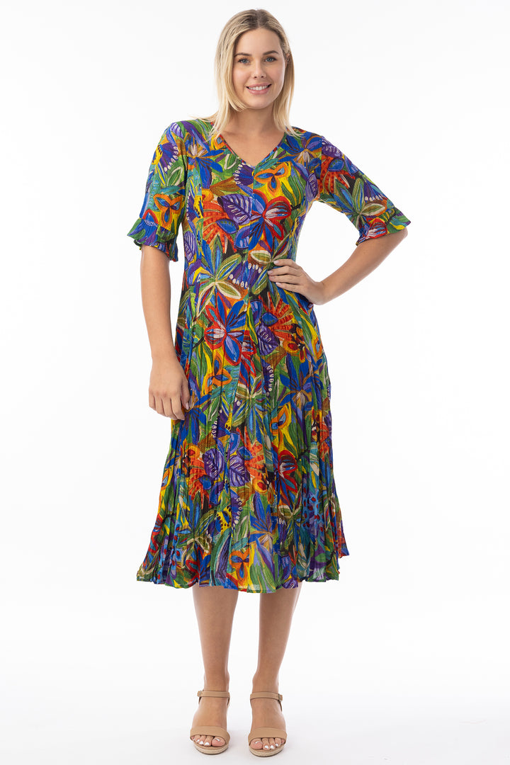 Orientique 81360 Purple Zapallar Print Short Sleeve Godet Dress