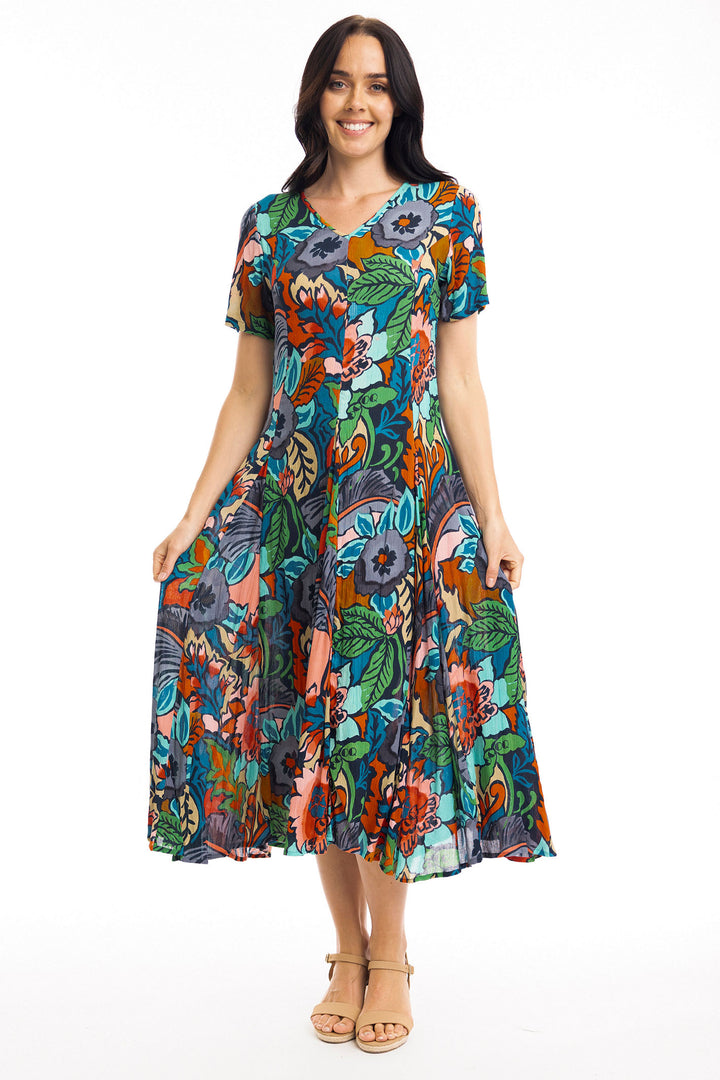 Orientique Dress Cape Verde Godet Short Sleeves Print 40017 - Shirley Allum Boutique