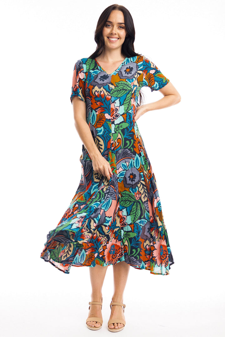 Orientique Dress Cape Verde Godet Short Sleeves Print 40017 - Shirley Allum Boutique