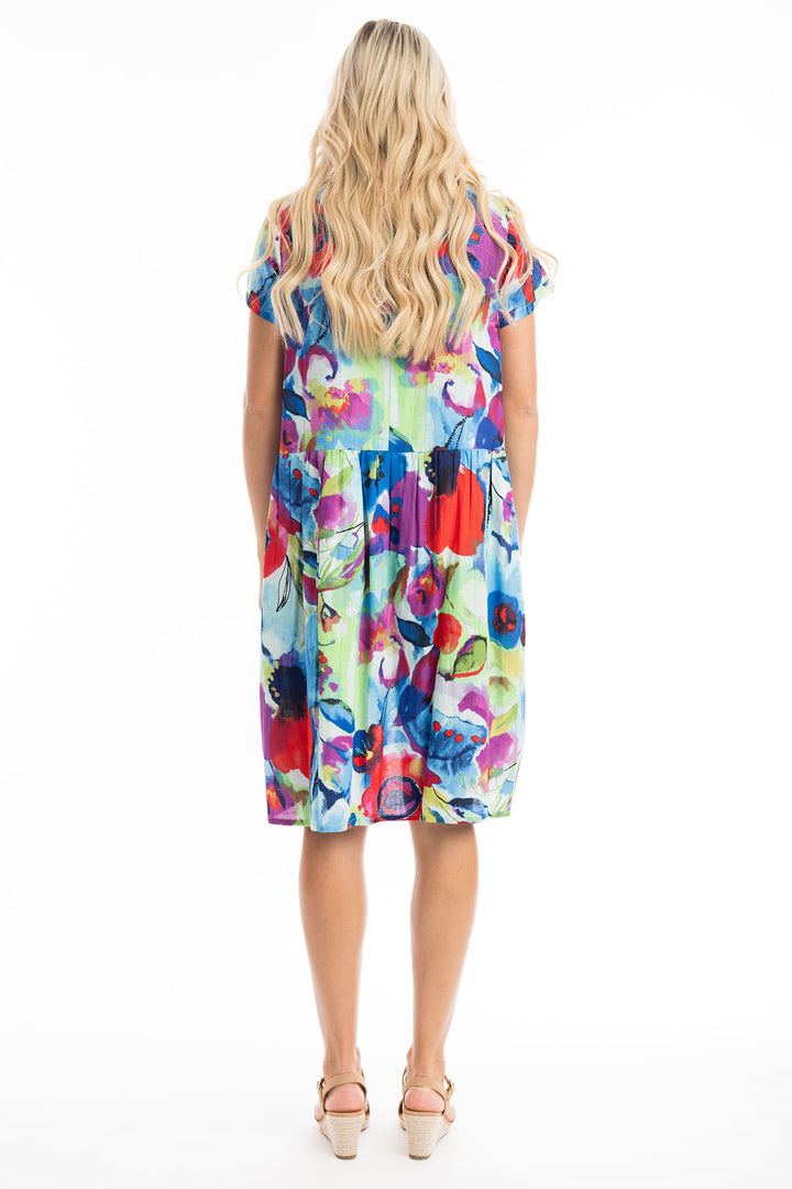 Orientique Dress Nevis Boxy Ruched Waist Print Blue 81300 - Shirley Allum Boutique