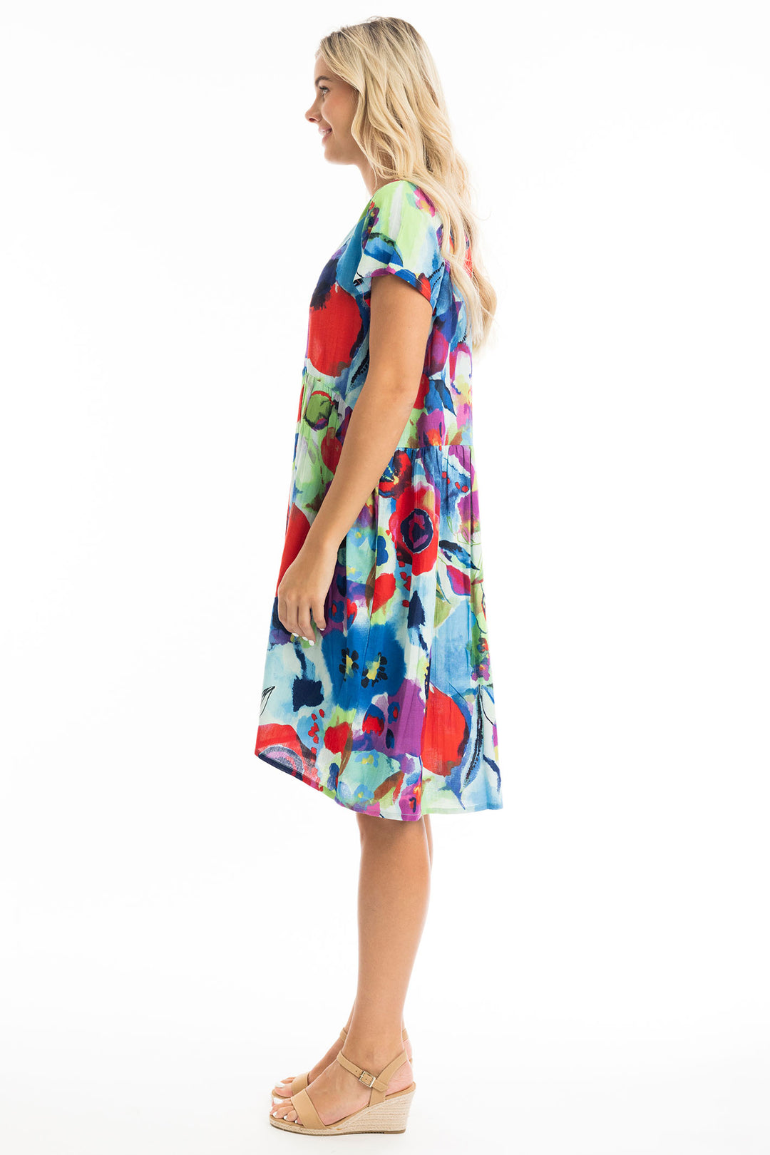 Orientique Dress Nevis Boxy Ruched Waist Print Blue 81300 - Shirley Allum Boutique