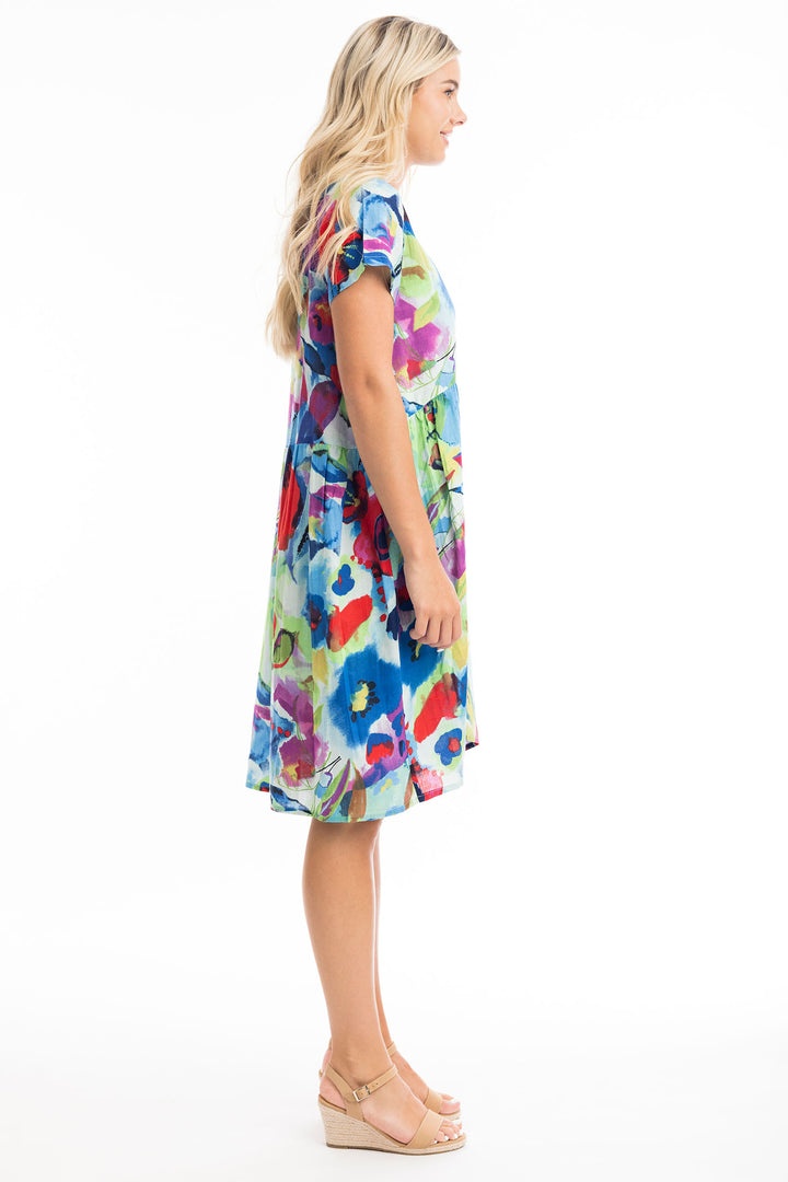 Orientique Dress Nevis Boxy Ruched Waist Print Blue 81300 - Shirley Allum Boutique