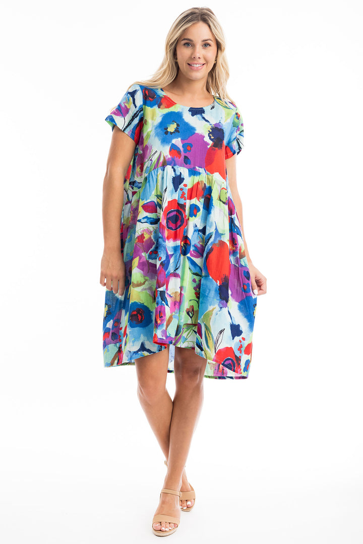 Orientique Dress Nevis Boxy Ruched Waist Print Blue 81300 - Shirley Allum Boutique