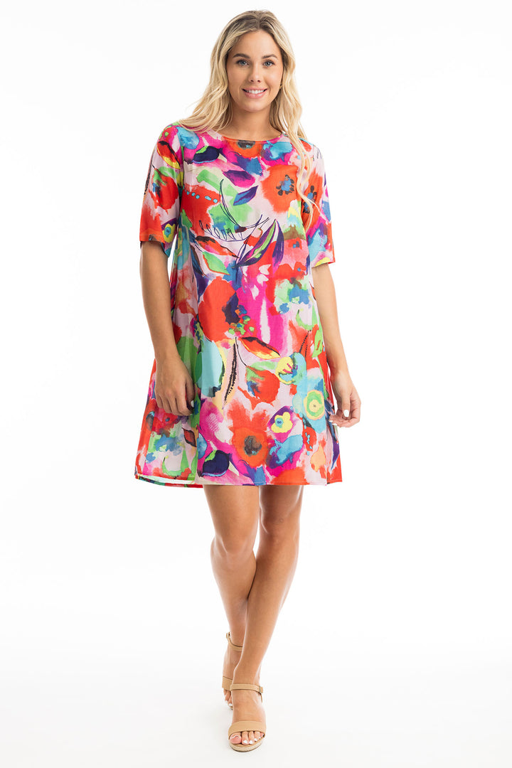 Orientique Dress Nevis Contemporary Pink Multicolour Print 81298 - Shirley Allum Boutique