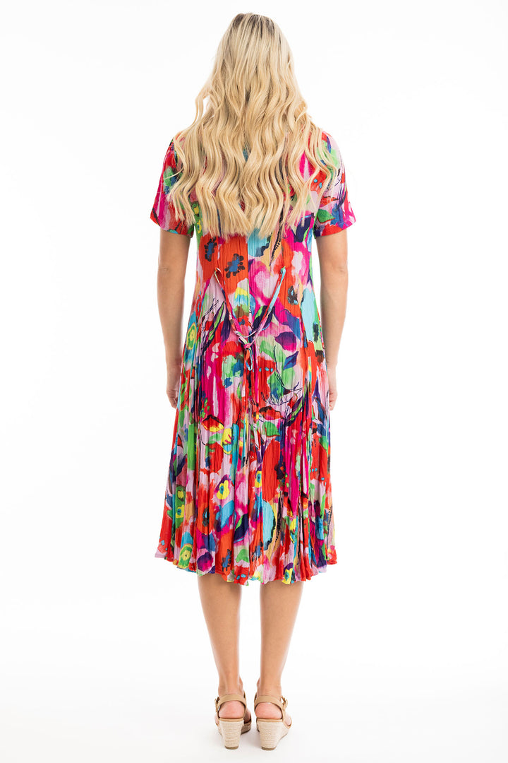 Orientique Dress Nevis Godet Short Sleeves Print Red 81296 - Shirley Allum Boutique