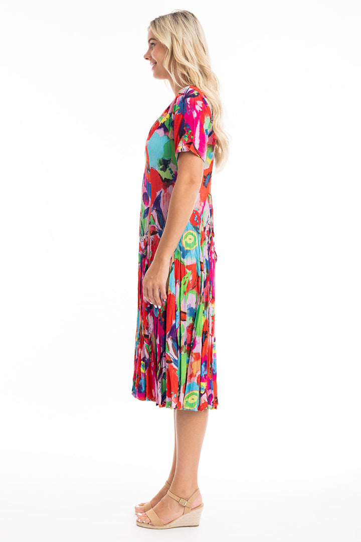 Orientique Dress Nevis Godet Short Sleeves Print Red 81296 - Shirley Allum Boutique