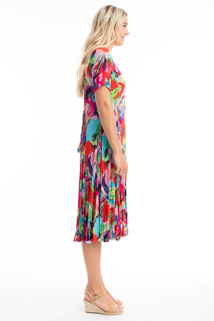Orientique Dress Nevis Godet Short Sleeves Print Red 81296 - Shirley Allum Boutique