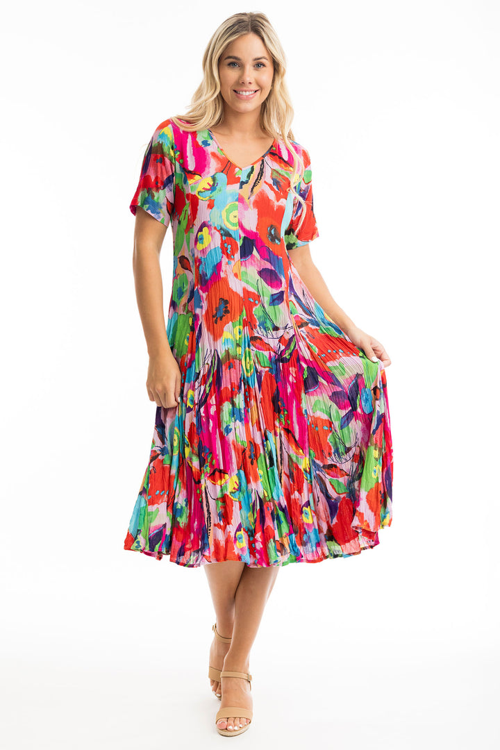 Orientique Dress Nevis Godet Short Sleeves Print Red 81296 - Shirley Allum Boutique