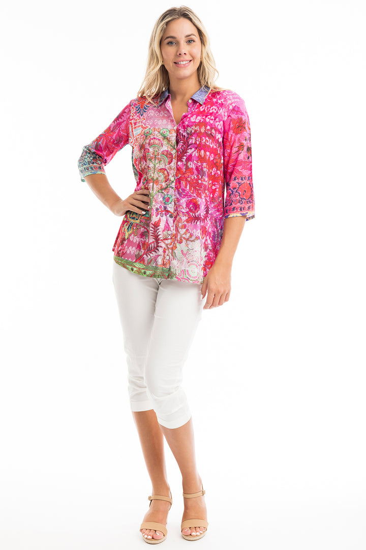 Orientique Shirt Rambagh Pink Digital Print Collared 72485 - Shirley Allum Boutique