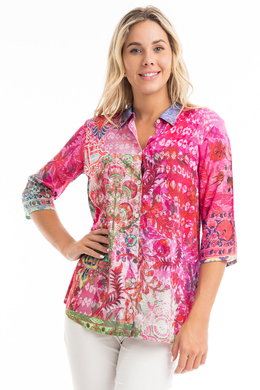 Orientique Shirt Rambagh Pink Digital Print Collared 72485 - Shirley Allum Boutique