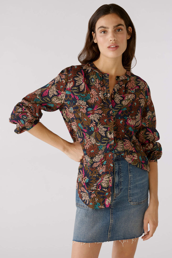 Oui 79319 0843 Brown Red Leaf Print Band Collar Blouse - Shirley Allum Boutique