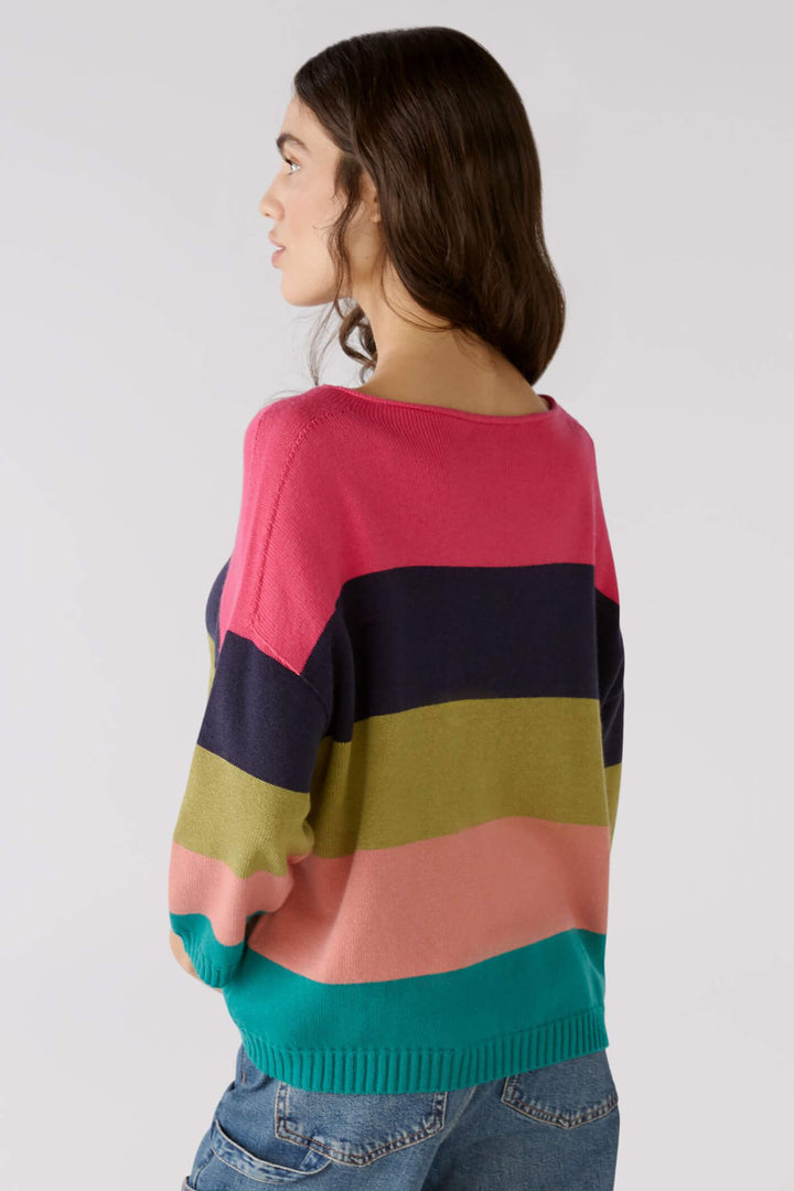 Oui 79351 0336 Pink Green Block Stripe Wide Neck Jumper - Shirley Allum