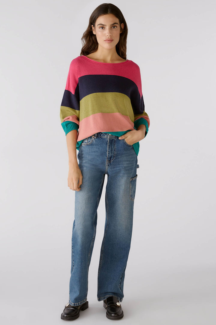 Oui 79351 0336 Pink Green Block Stripe Wide Neck Jumper - Shirley Allum