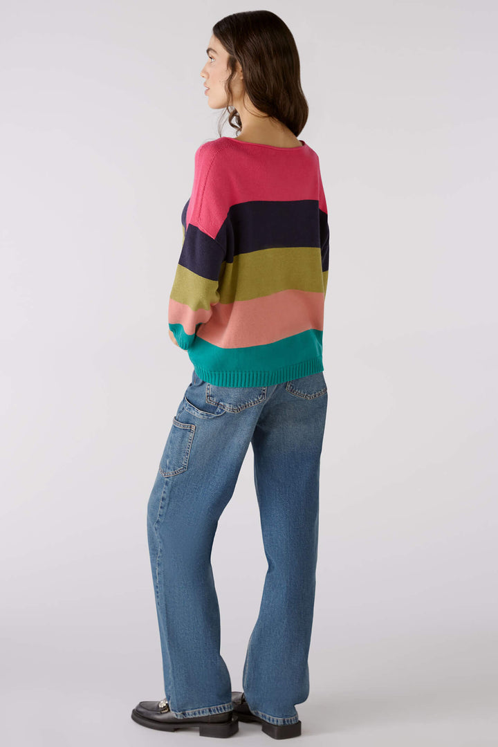 Oui 79351 0336 Pink Green Block Stripe Wide Neck Jumper - Shirley Allum
