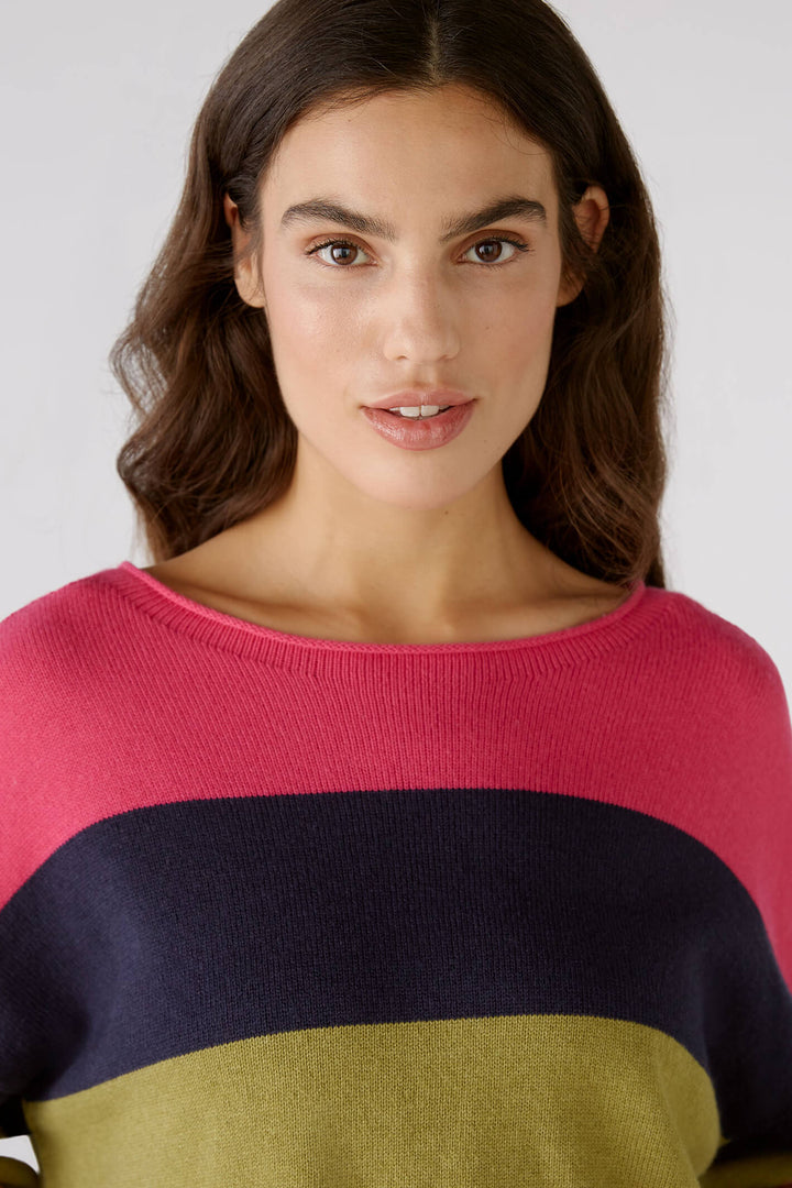 Oui 79351 0336 Pink Green Block Stripe Wide Neck Jumper - Shirley Allum