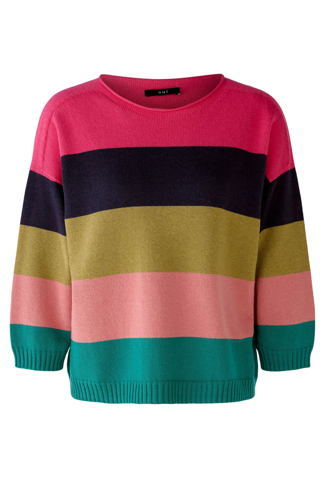 Oui 79351 0336 Pink Green Block Stripe Wide Neck Jumper - Shirley Allum