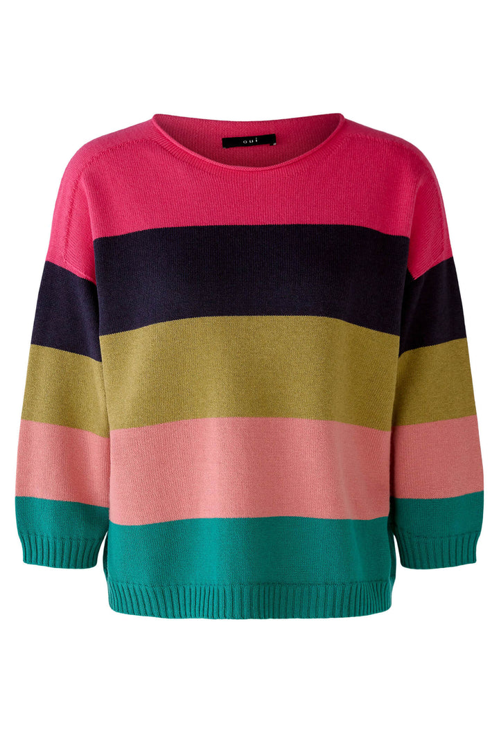 Oui 79351 0336 Pink Green Block Stripe Wide Neck Jumper - Shirley Allum