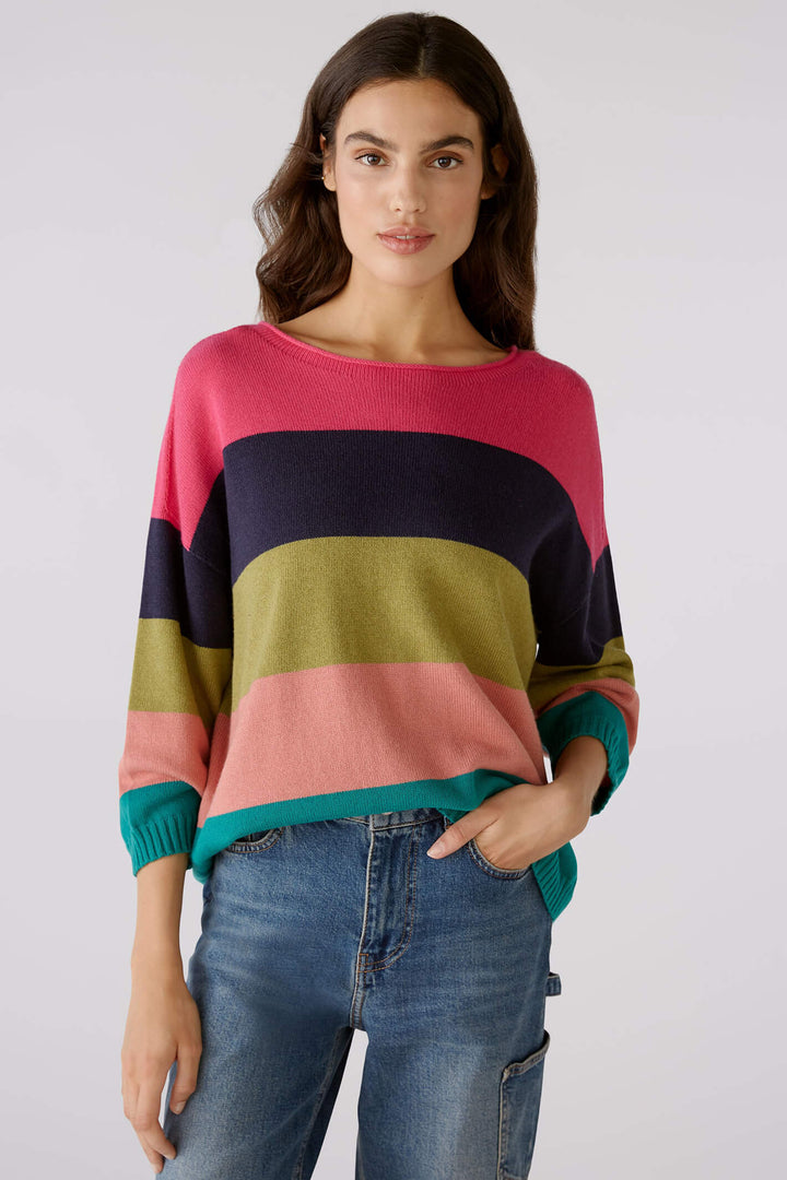 Oui 79351 0336 Pink Green Block Stripe Wide Neck Jumper - Shirley Allum